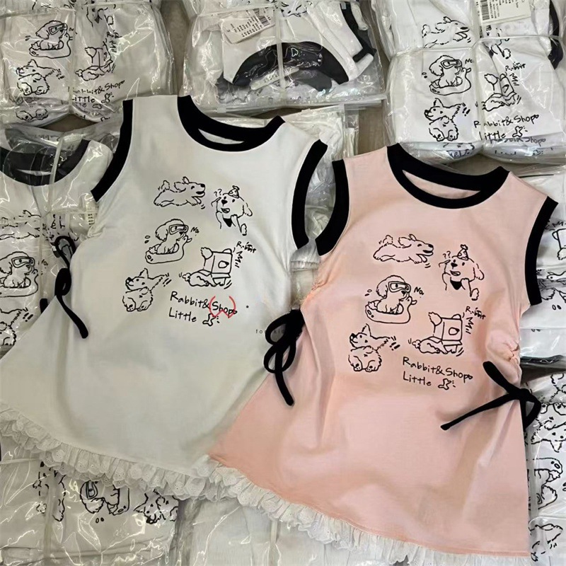 Falda de chaleco de bebé para niños coreanos, falda de chaleco con estampado de cachorro lindo para niños, vestido de niña con borde de encaje dulce