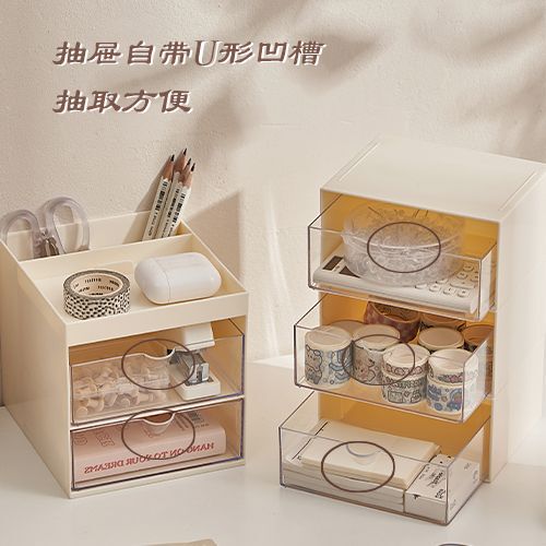 ワンピースで発送可能なデスクトップ引き出しコンビネーション、重ねて使える化粧品や雑貨用、コンパクトな寮やオフィス用、ジュエリー用透明収納ボックス|undefined