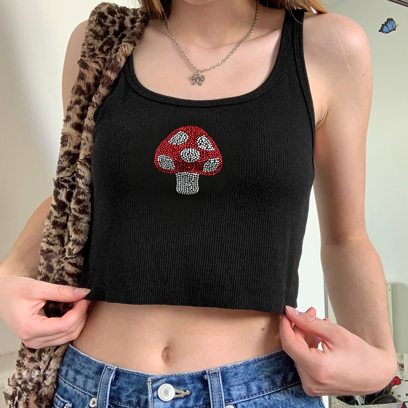 sexy short mushroom rhinestone patched crop top  NSLQ39657