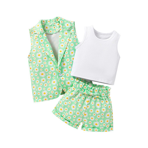 European and American-style kids' summer outfit set: New collection—children's daisy-patterned suit, waistcoat, and wide-leg pants—three-piece set