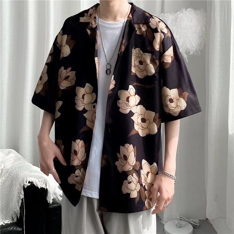Hong Kong estilo Retro Vintage floral camisa de manga corta Estilo Hawaiano tailandés diseño sentido Ruan guapo camisa suelta para hombres y mujeres
