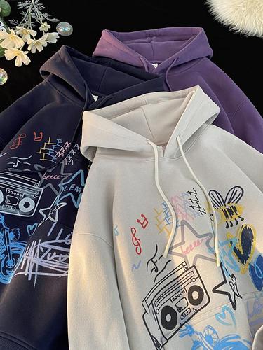 Men's Autumn/Winter Oversize Colorful Graffiti Hooded Sweatshirt, American Style Niche Print Streetwear Sweatshirt