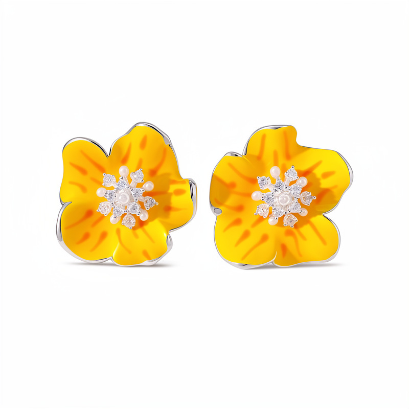 Agujas de plata goteando aceite flor de zircon perlas perlas frescas dulces aretes de viento pastoral ligero lujo alta sensación auriculares al por mayor