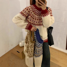 慵懒风撞色提花套头毛衣女秋冬新款宽松圆领复古费尔岛针织衫上衣