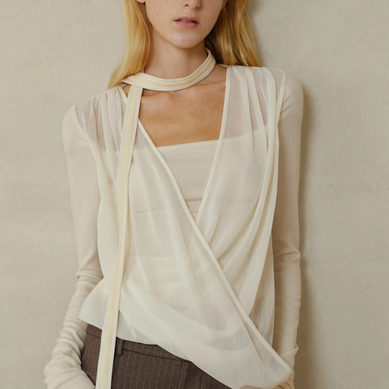 Tongaab Draped Overlapping Mesh Fake Two-Piece Velvet Halterneck Wool Knitwear