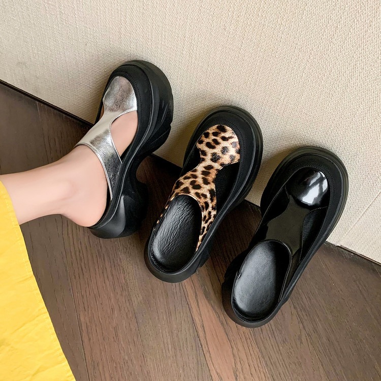 Dép sandal nữ da thật họa tiết da báo đế xuồng cao gót 9 cm — Trang chủ, màu đen, bạc chi tiết 92