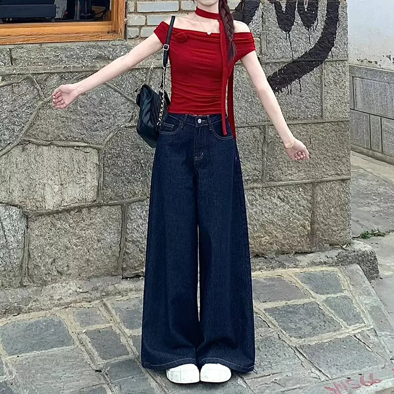 深蓝色美式丹宁牛仔裤女夏季新款高腰宽松遮肉显瘦百搭阔腿裤ins