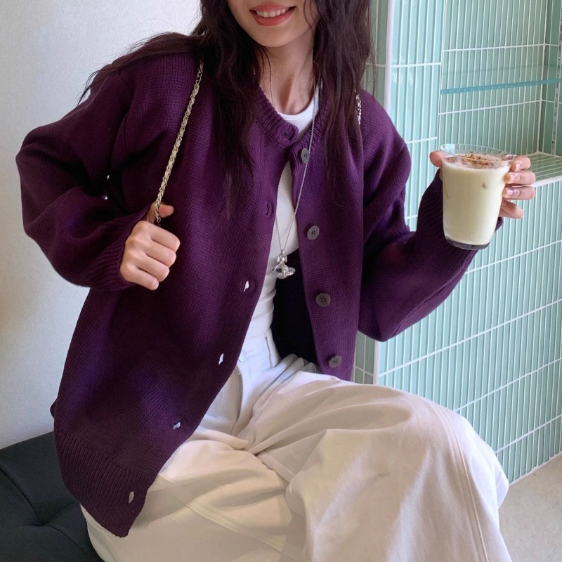 洋气学院风紫色开衫毛衣女秋季2025新款宽松显瘦休闲显白百搭上衣