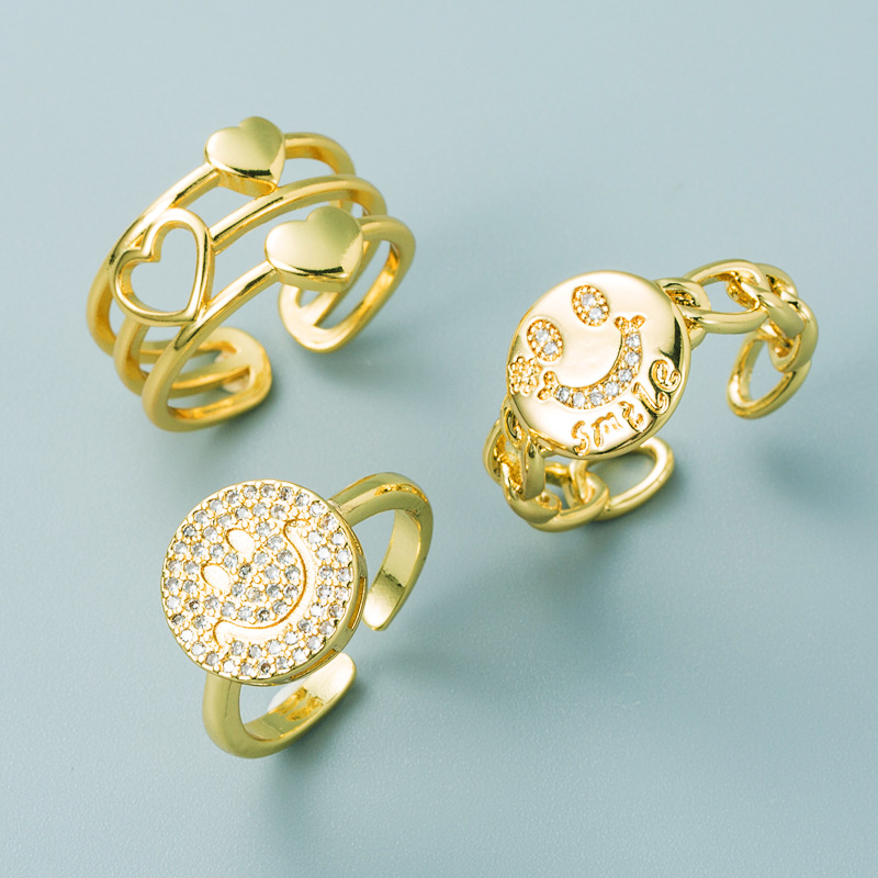 einfacher geometrischer Buchstabe Smiley hohles Herz Kupfer vergoldeter Ring Grohandel Nihaojewelrypicture3