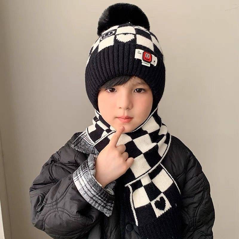 新しいジャカードスマイリーチェック柄ウール帽子スカーフツーピーススーツ冬子供用暖かい毛玉ニット帽子厚みのある|undefined