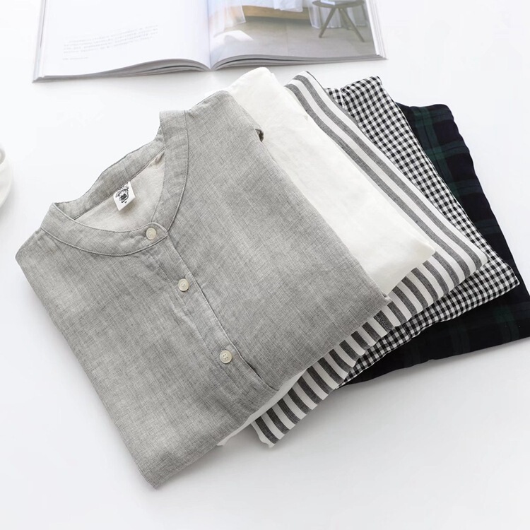 Japanese-Style Fresh All-Cotton Double-Layer Gauze Doll-Collar White Shirt, Artistic Short-Sleeve Loose Striped Cotton Blouse for Women