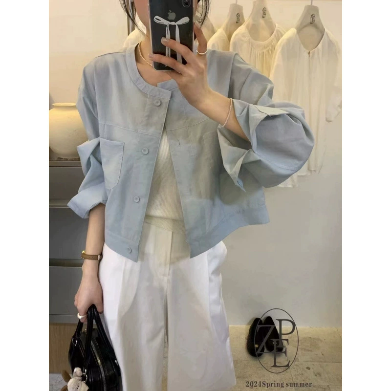 2024 весна и лето, новый однотонный свободный повседневный тонкий топ с длинными рукавами и круглым вырезом, солнцезащитные топы для женщин