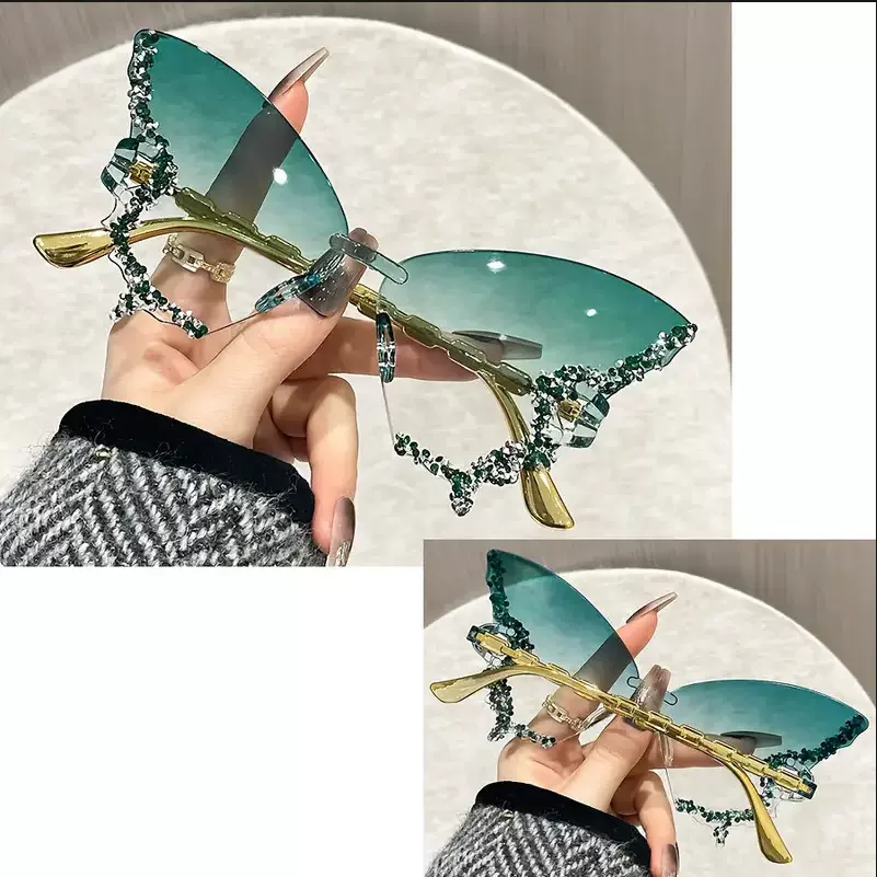 跨境新款蝴蝶形状镶钻无框太阳镜女派对舞会走秀高级造型搞怪墨镜