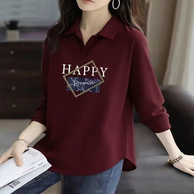 92% Cotton Autumn/Winter New Fashion Plus Size T-Shirt Long Sleeve T-Shirt Women's Printed Lapel Versatile Loose-fitting Top