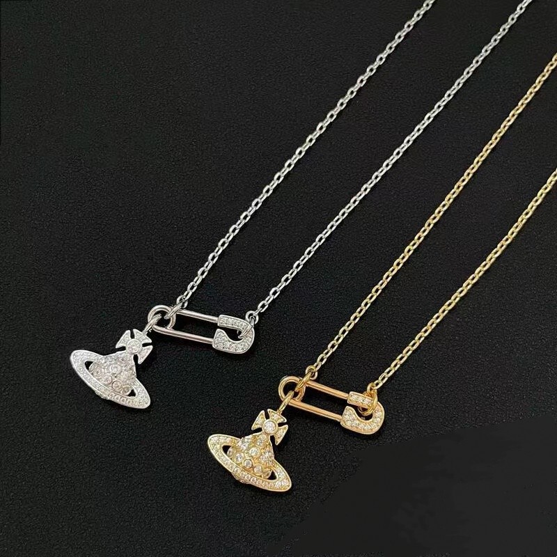 Empress Dowager Full Diamond Saturn Pin Chain Necklace Women's Hollow Shine Paper Stacked Clavicle Chain High Version
