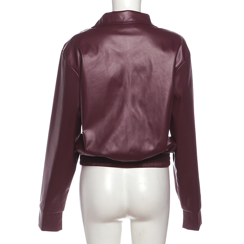 Autumn Winter Collared Zipper Solid Color Casual Poly Urethane Leather Stitching Long Sleeve Coat