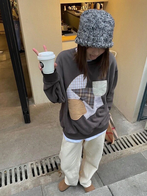 美式复古小众拼接圆领卫衣女秋冬洋气休闲设计感oversize长袖上衣|undefined