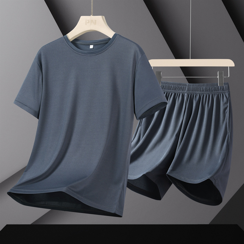 Traje deportivo transfronterizo Traje suelto de secado rápido para hombres que corren Traje de color sólido de comercio exterior delgado de verano para hombres de manga corta image 3