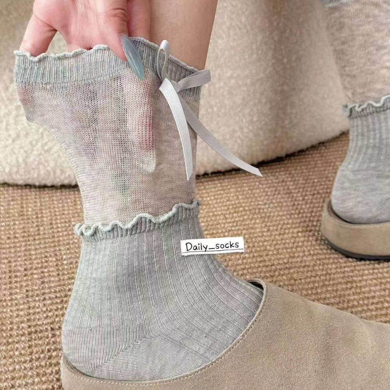 New summer socks, bow-tie mid-calf socks, double-layered ruffled trim, JK style trendy socks, Japanese style lace patchwork knee-high socks