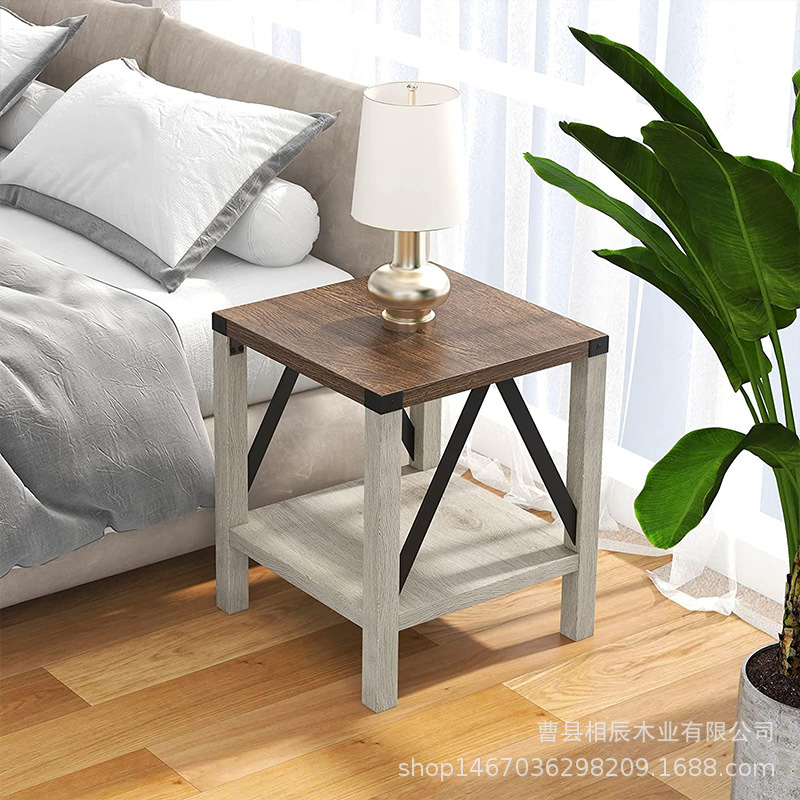 Living room side table sofa corner table country style modern farmhouse metal and wooden square side decoration living room small table