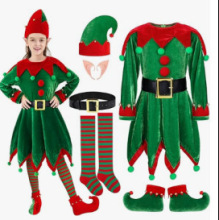 儿童圣诞节服装女款连衣裙套装男女装Cosplay成人绿色精灵演出服