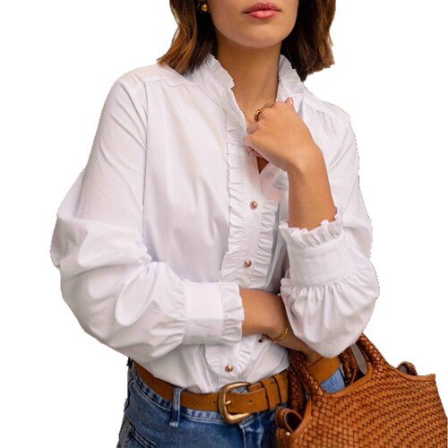 European and American Style White Spring/Summer 2025 Women's Lace Trim Shirt Sleeved Stand Collar Casual Resort Shirt