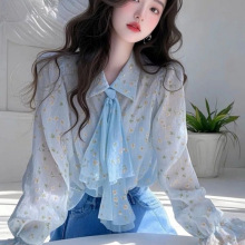 春装新款小衫设计感蓝色碎花衬衫女款感轻奢气质洋气