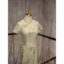 旗袍2024年春季新款复古老上海新中式斜襟绿色改良短袖裙子