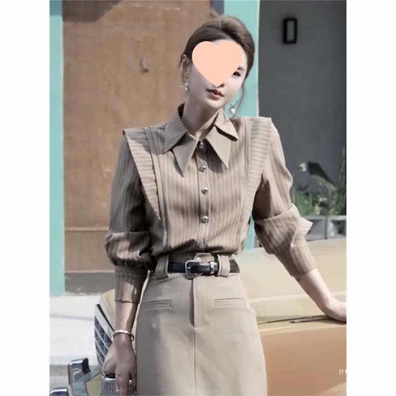 网红时尚两件套裙女2025秋季新款感条纹显瘦衬衫+半身裙|undefined