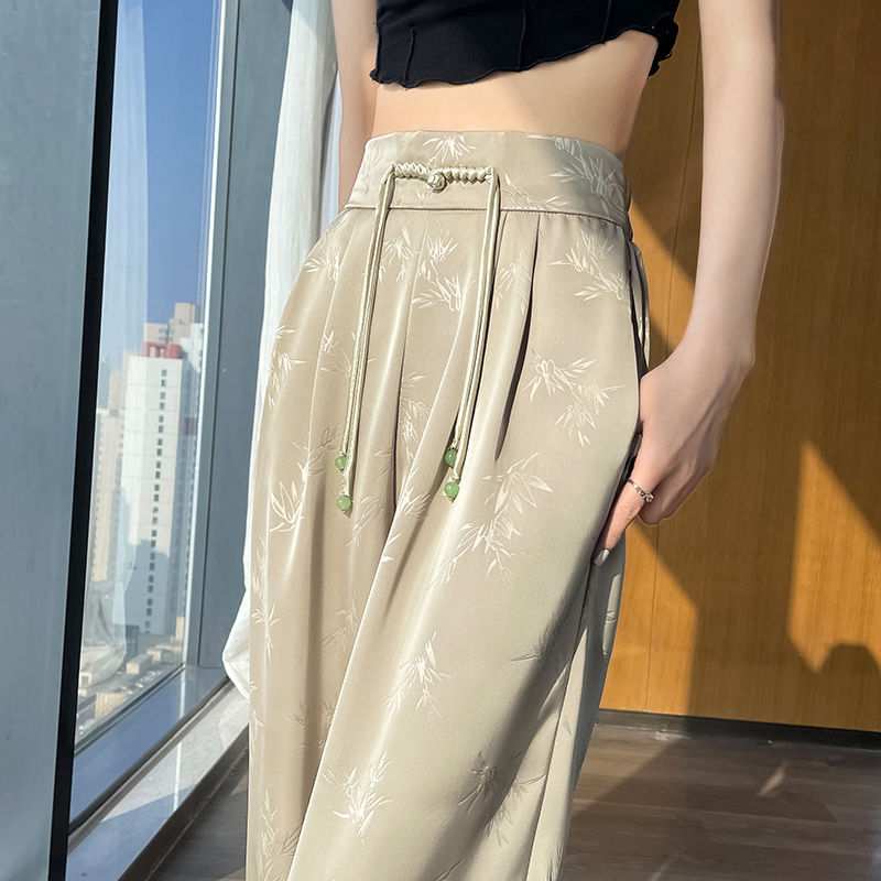 New Chinoiserie National Style Buckle Satin Wide-Leg Pants for Women Spring and Summer New High-Waisted Slimming Drape Straight Casual Floor Mopping