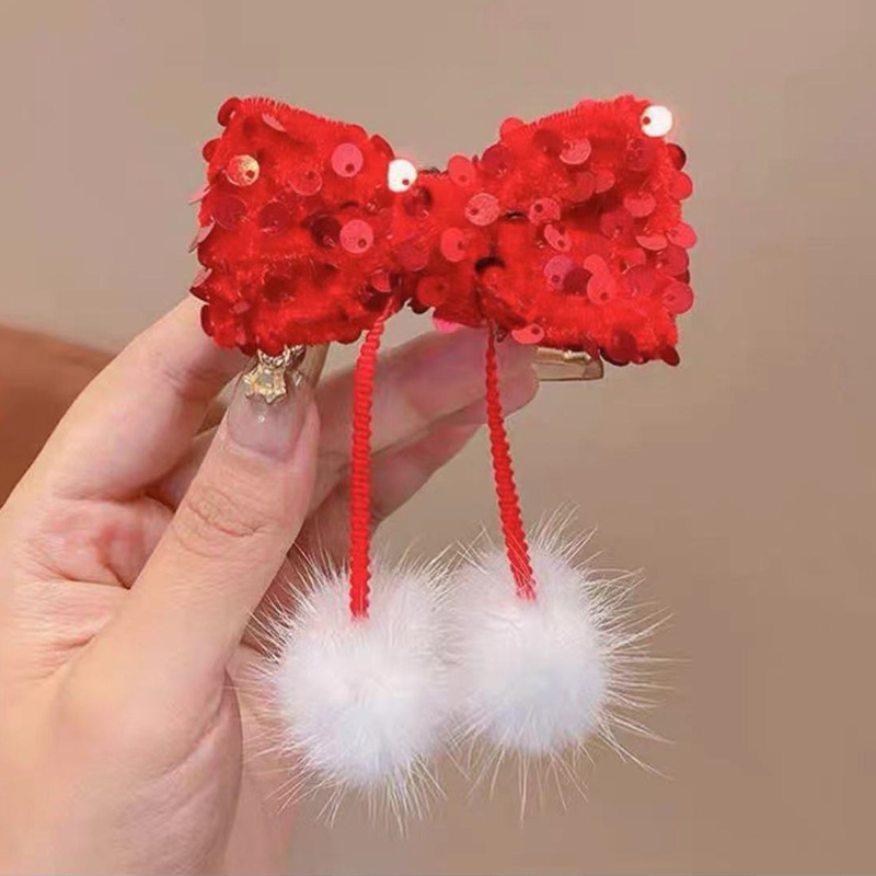 566 бант с блестками и кисточкой белый меховой шарик