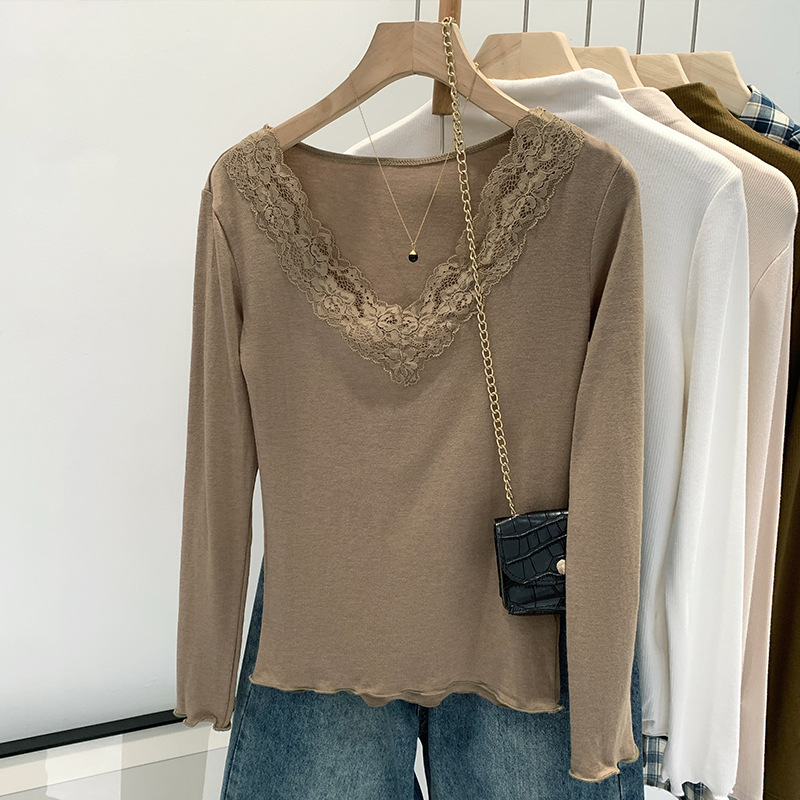 Gentle Style, High-End Lace Splicing V Neck Waist Slimming Look Top for Women, Pure Lust Sexy Inner Layering Shirt