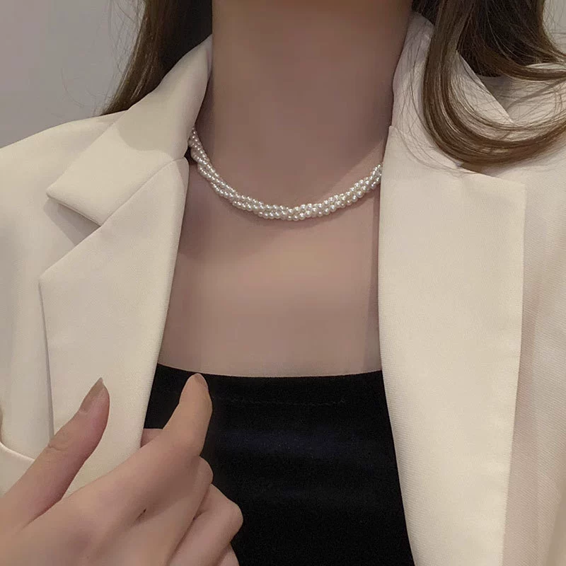 Glass small design necklace from pearl, chain for key bag  with pigtail, light luxury style, trend of season