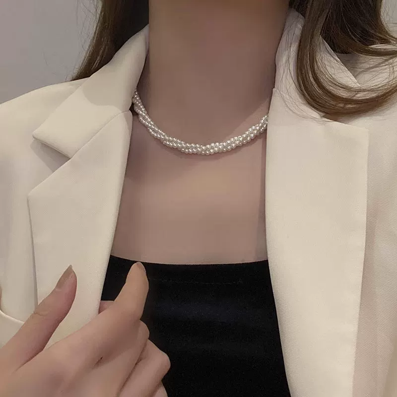 Glass small design necklace from pearl, chain for key bag  with pigtail, light luxury style, trend of season