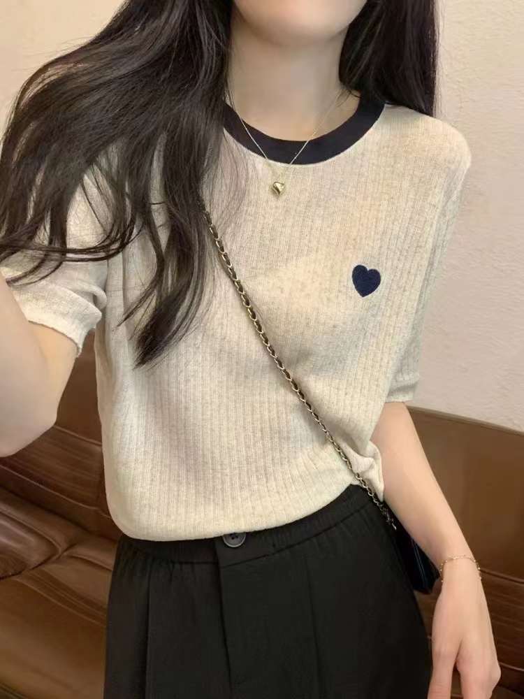 Korean Style Contrasting Color Design Round Neck T-Shirt Summer 2024 New Versatile Pit Strip Heart Knitted Short-Sleeved Women's Top