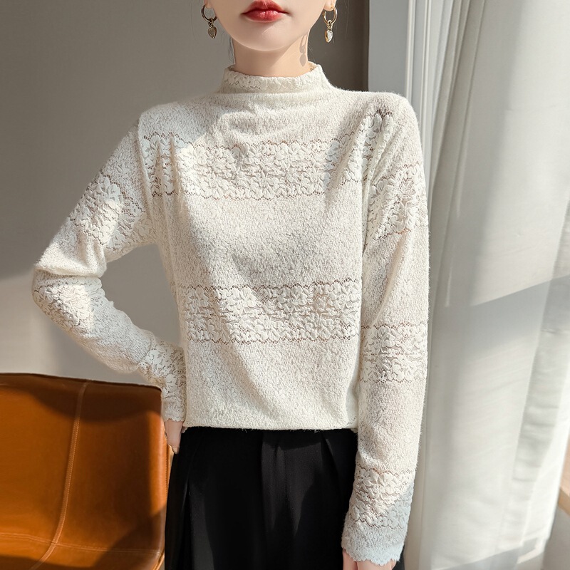 2025 New Autumn and Winter Lace Half Turtleneck Knitwear Long-Sleeved Women's Cut Out Pullover Loose Bottoming Shirt Top
