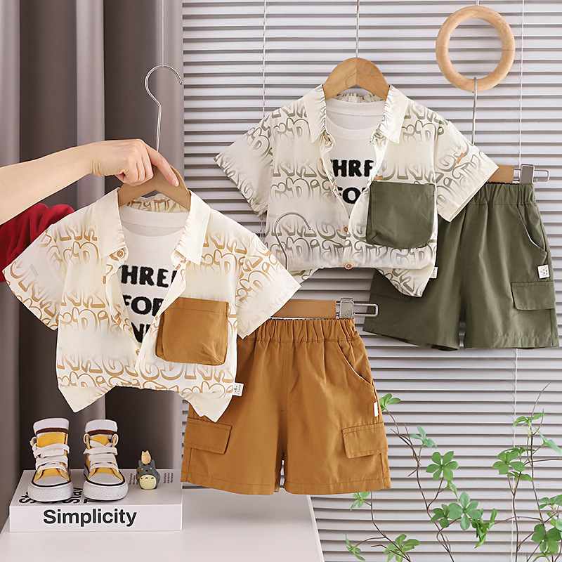 中小童夏季晕染字母印花衬衫三件套2026新款男童衬衣套装外贸批发