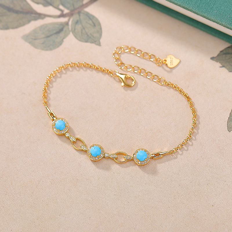 Vòng tay bạc S925 mạ vàng đá turquoise hình học — Loại bạc