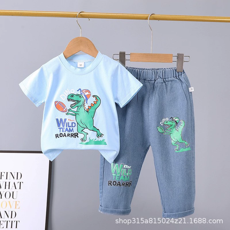 Летний детский denim комплект, мультяшные джинсы, с коротким рукавом, комплект из 2 предметов, 0-5 лет