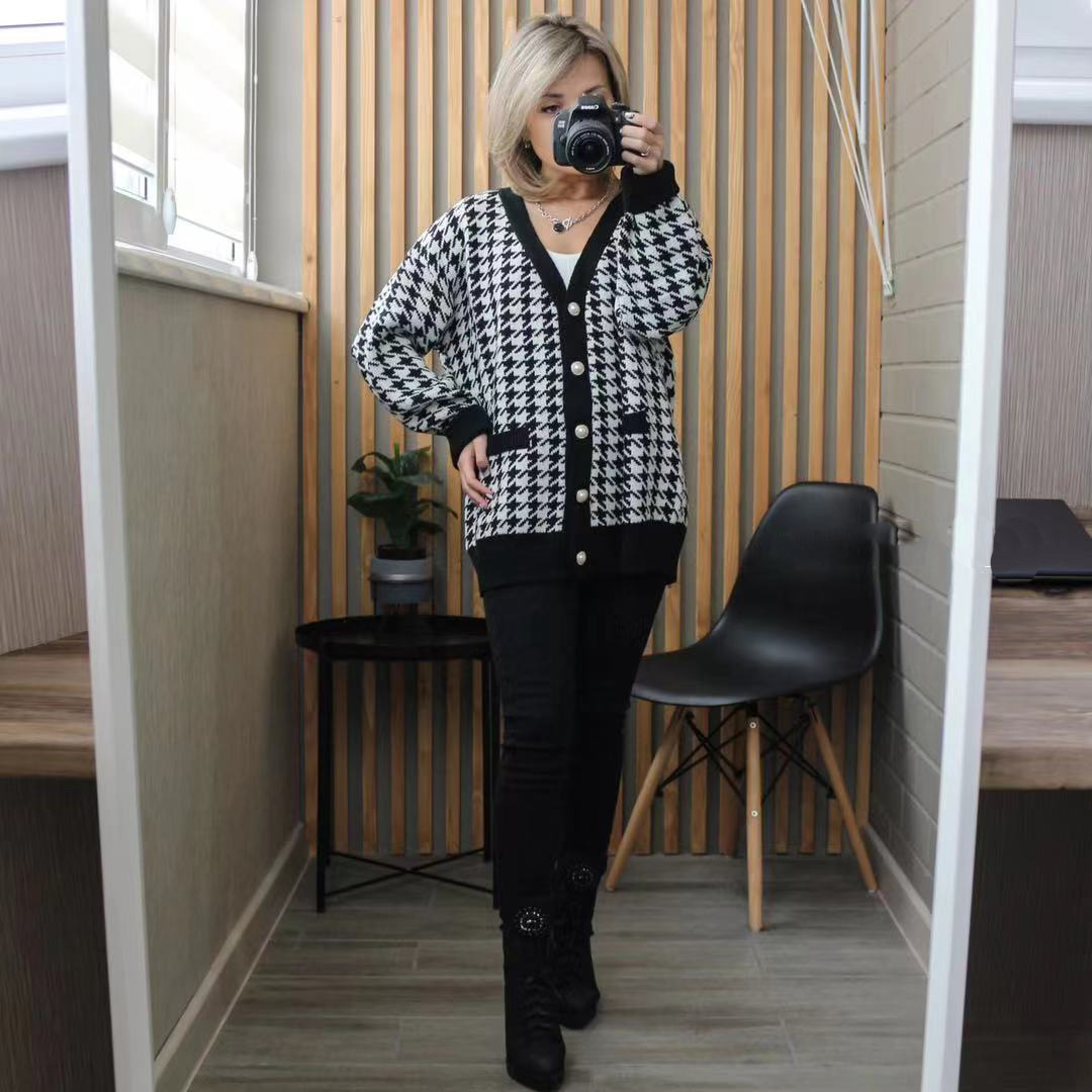 Nihaostyle Clothing Wholesale houndstooth knitted cardigan NSQYS66624