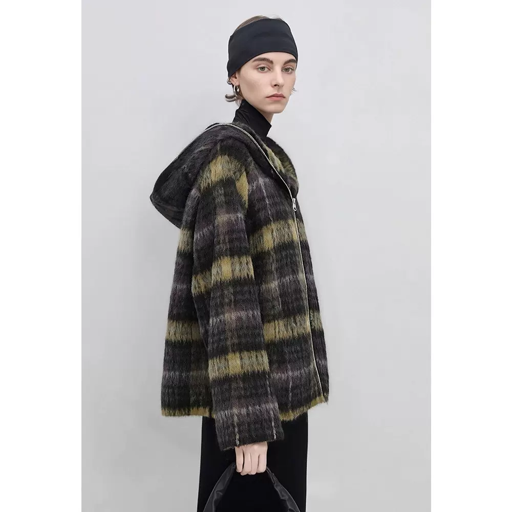 四媛 羊毛格纹全拉链连帽衫女25秋冬休闲宽松设计感毛呢外套1047