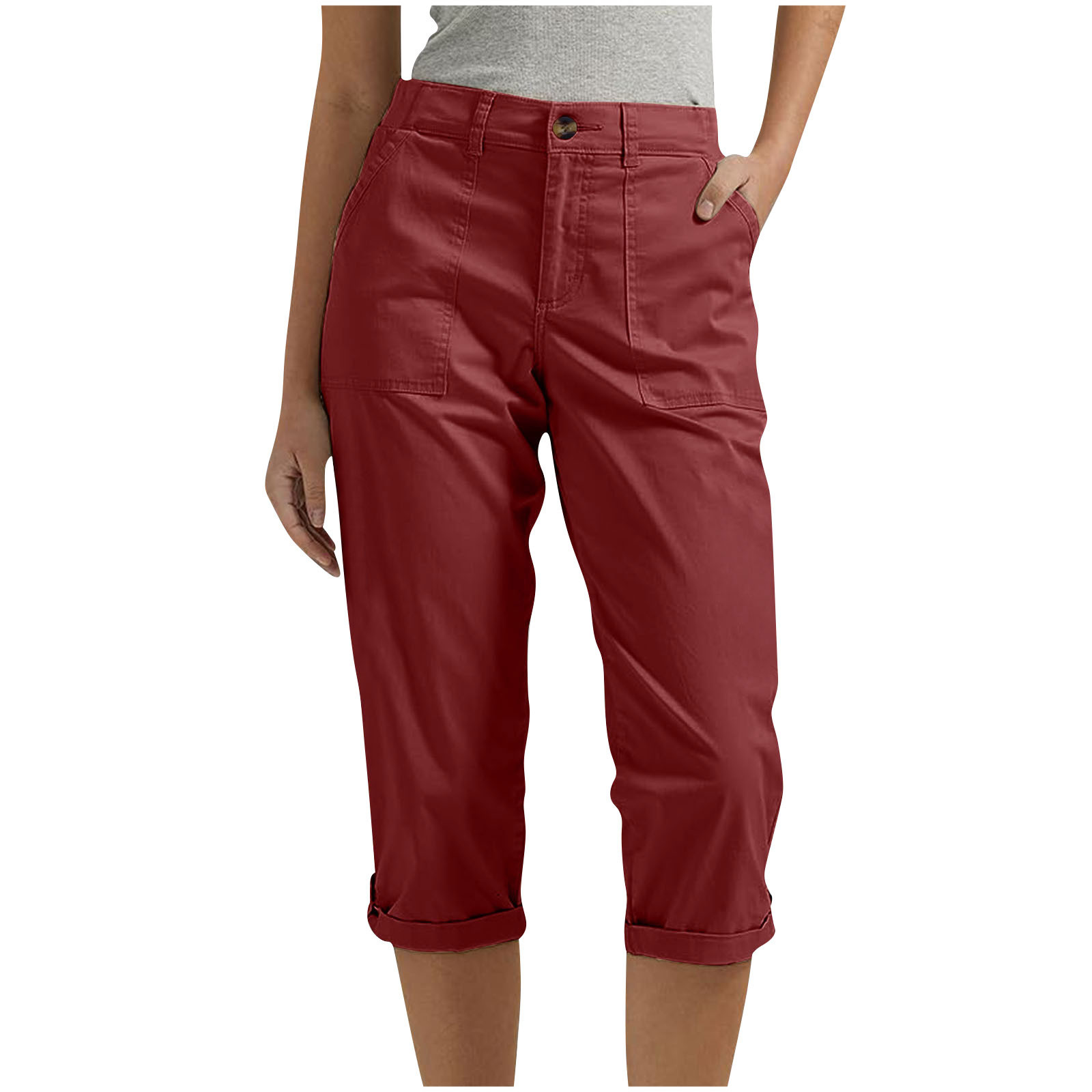 Amazon Cross-border Women's Solid Color Workwear Pants Waist Button Pants Ear Design Pants Leg Curled Women's Cropped Pants