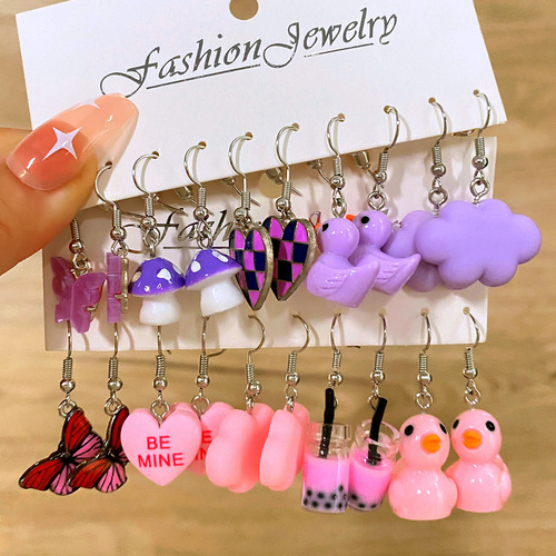 Creative Butterfly Cloud Little Duck Earrings Pendant Dripping Glaze Mushroom Earrings Children's Cartoon Fun Earrings Wholesale
