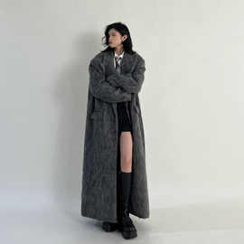 气质慵懒阔版韩系法式感赫本风灰色加长毛毛呢子大衣外套女冬