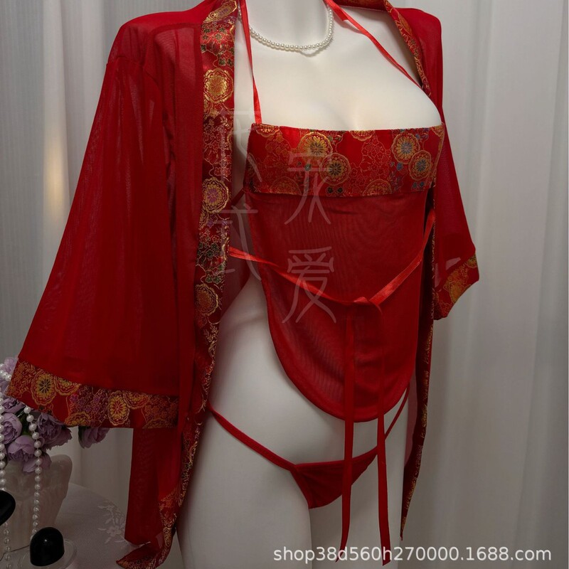 Ancient Costume Kimono Style Mesh Bellyband Sexy Lingerie Uniform Temptation Nightgown Suit Bridal Suit