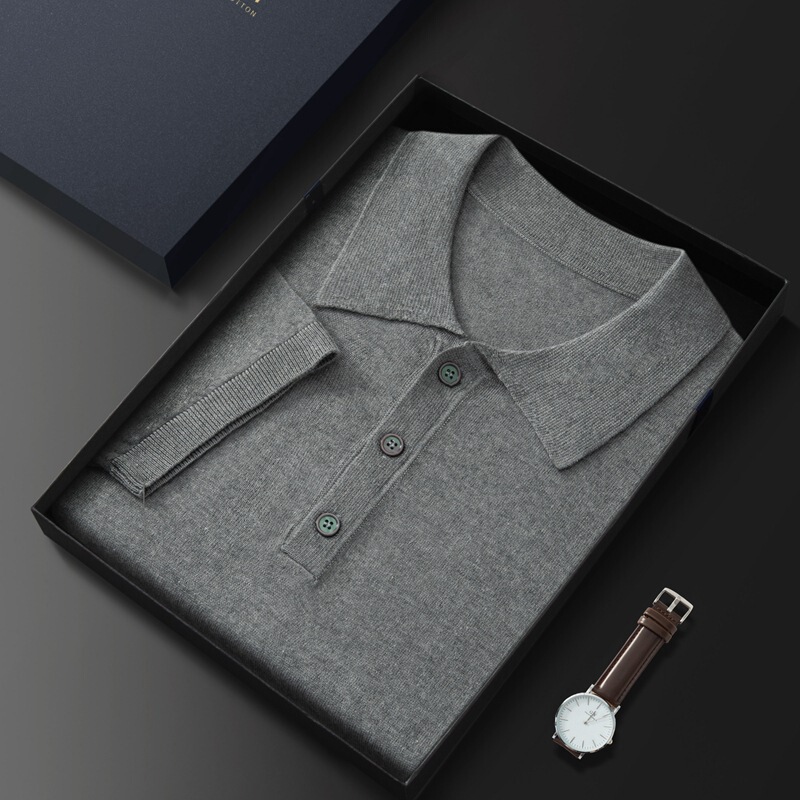 Spring and summer cashmere worsted ultra-thin men's short-sleeved mulberry silk T-shirt casual lapel POLO collar cashmere half-sleeve sweater