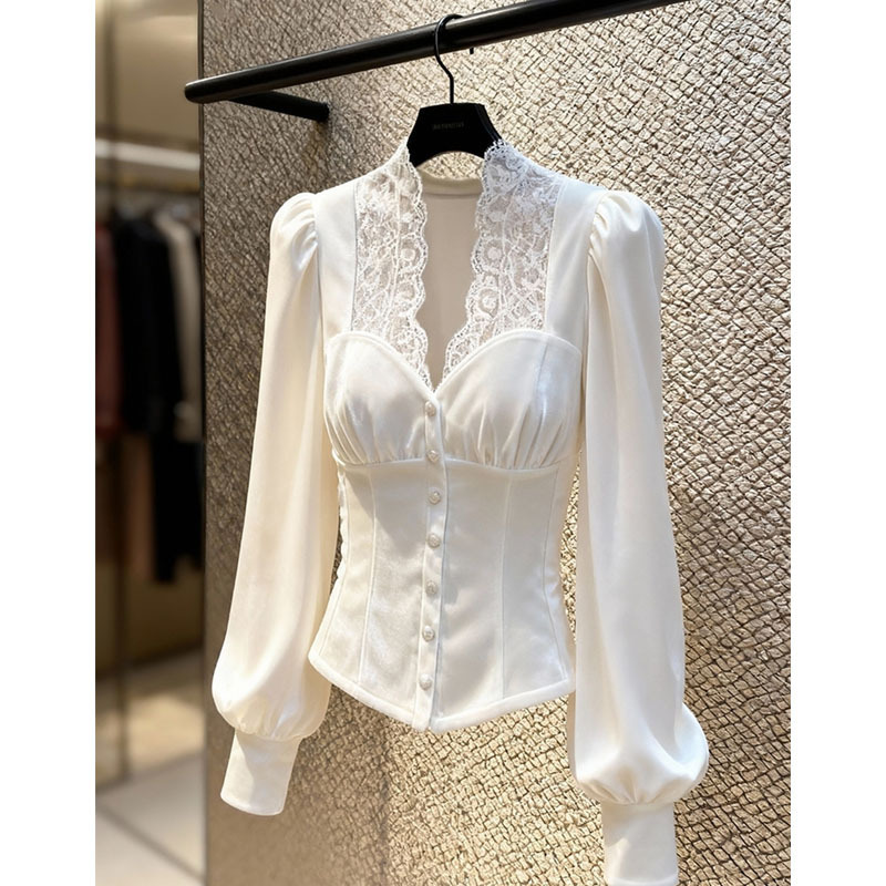 Light Luxury White Lace V Neck Gold Velvet Long-Sleeved Shirt for Women 2025 Autumn and Winter New Slimming Look Top