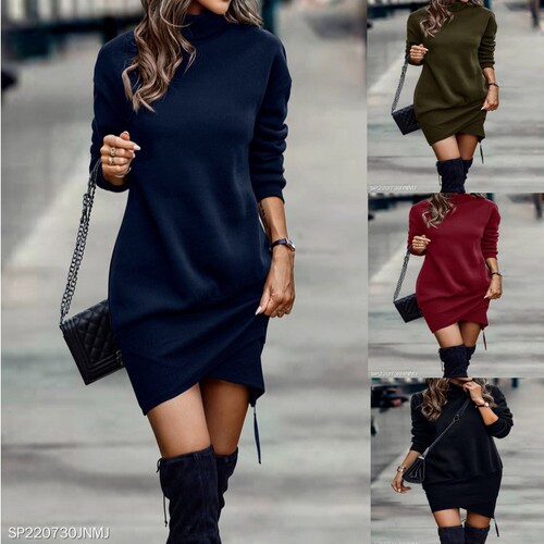 European and American Autumn/Winter Pure Color New Arrival High Neck Long Sleeve Cross Hem Short Dress