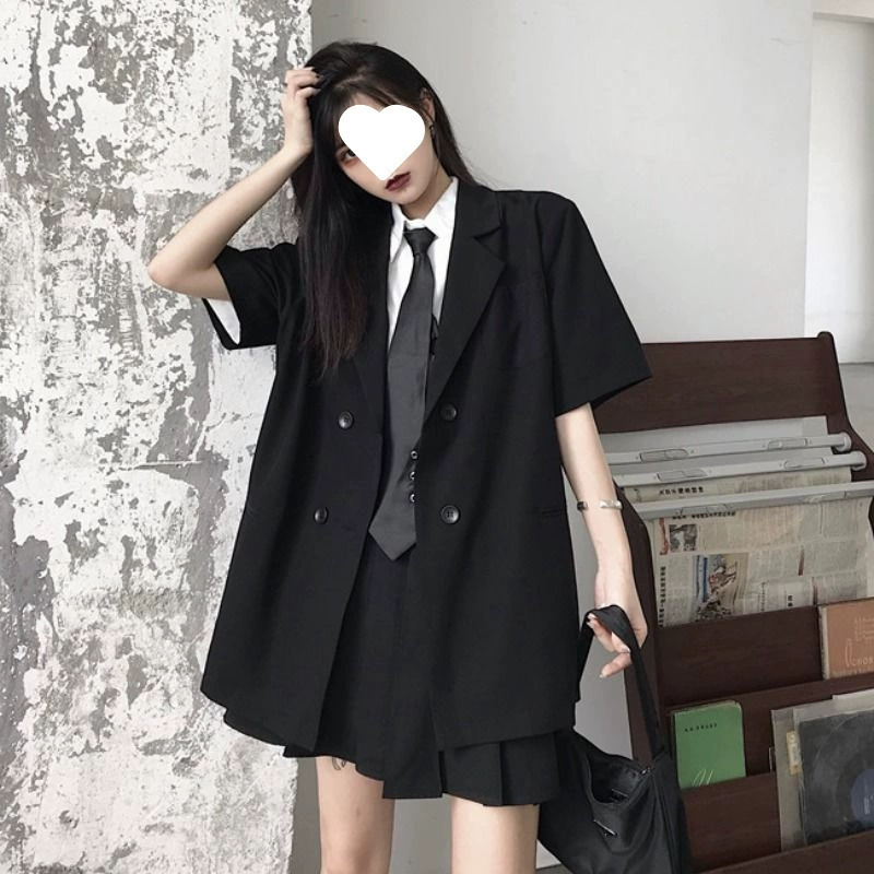 Женский блейзер 2025 лето новый корейский стиль двубортный свободный повседневный тонкий топ с короткими рукавами модный