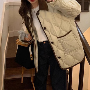 Cotton-padded jacket Women's Small Chanel-style Ringed Cotton-padded jacket Lapel Student Cotton-padded Clothes Autumn and Winter 2024 New Cotton-padded Clothes Lightweight Cotton-padded Clothes